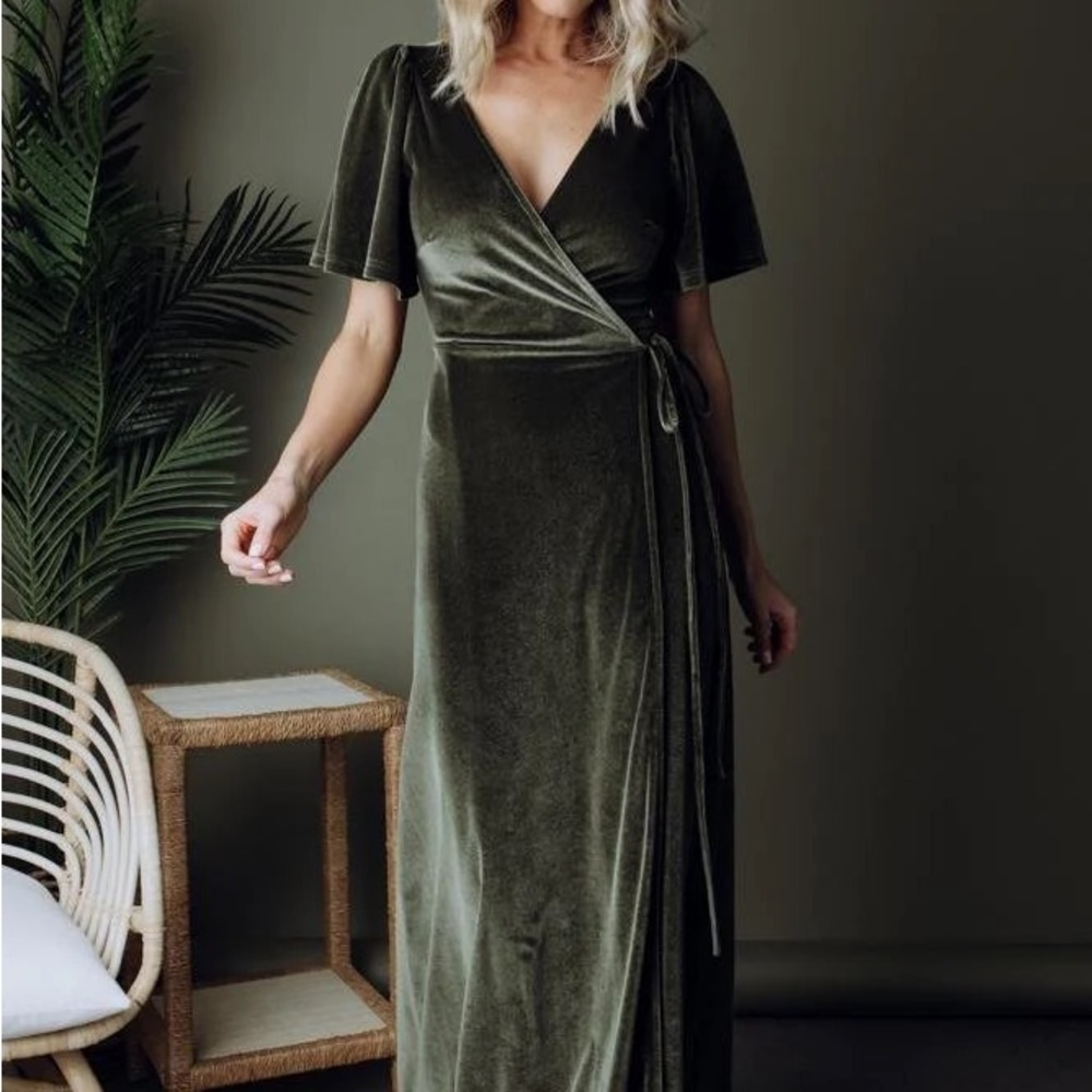 Olive Green Velvet Wrap Dress - Women - Picture 2 of 11
